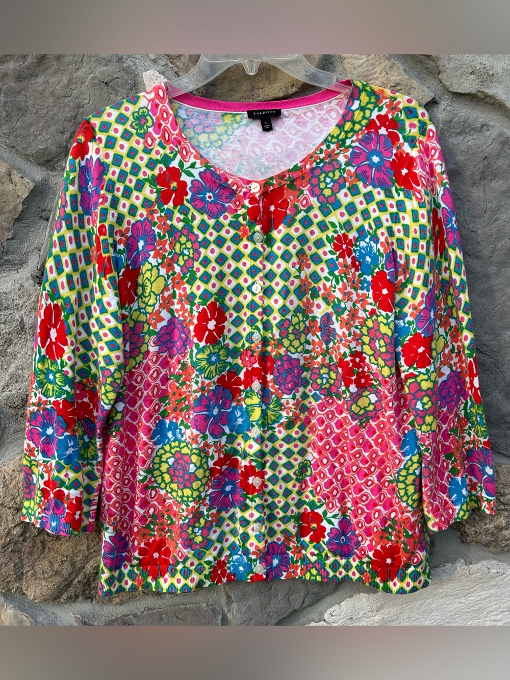 Talbots Button Up Cardigan Size L Colorful Floral Summer Layer Timeless Elevated